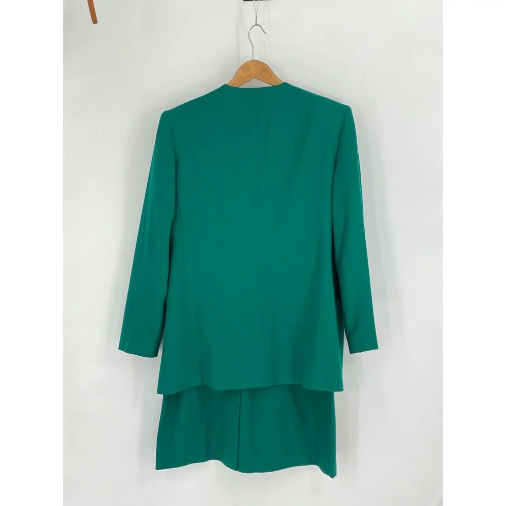 VTG Koret Women Skirt Suit Sz 12 Green Wool Blend Embroidered Crest 80's‎ Career